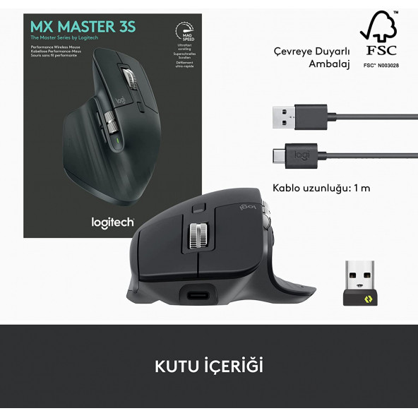 Logitech MX Master 3S Performance Kablosuz Bluetooth Mouse, 8.000 DPI, Sessiz, Ergonomik, Siyah 910 006559 - 2