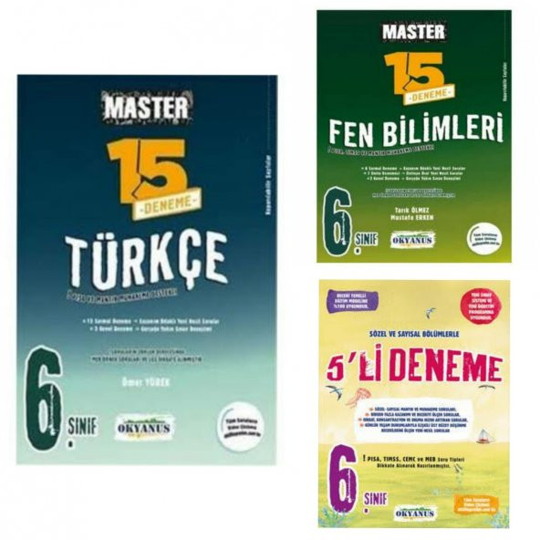 6. Sınıf Okyanus Yayınları Türkçe, Fen Bilimleri 15li Branş Deneme + 5li Sarmal Deneme