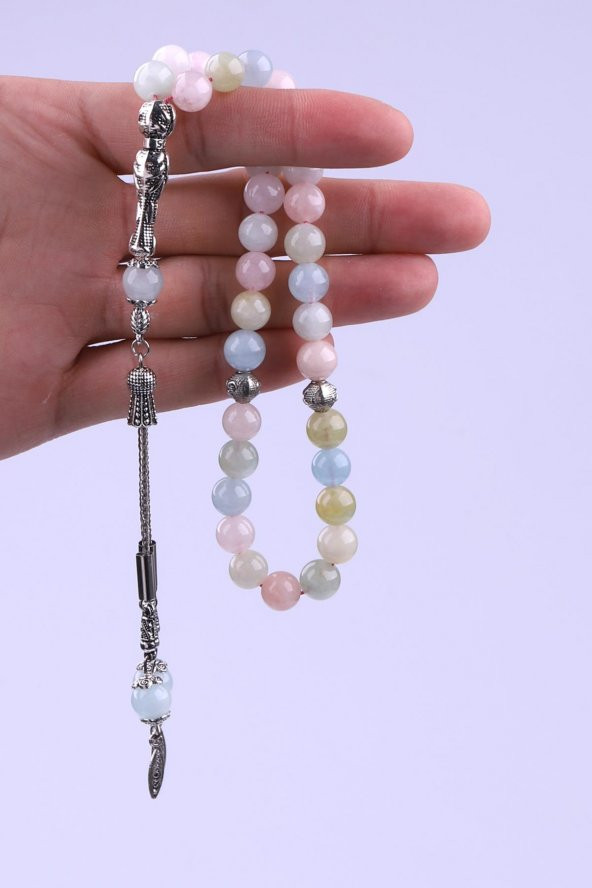 Akuamarin - Morganit - Heliodor Doğal Taş Tesbih 8 mm Küre Kesim