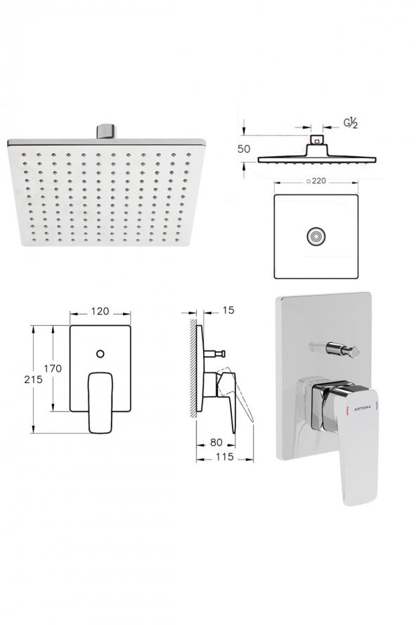 Artema A49280 Root Square 6 Parça Krom Ankastre Duş Seti - 3