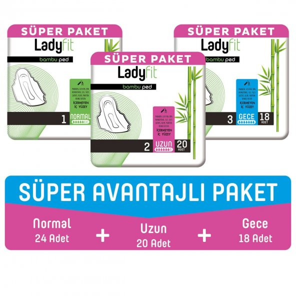 Ladyfit Bambu Süper Avantajlı Paket Normal+Uzun+Gece Ped 62 Adet - 1