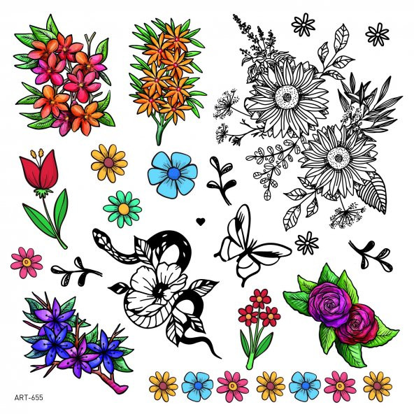 Flowers-4 Geçici Dövme,Geçici Tattoo ,Vücut Dövme,Kol Bilek Dövme,Boyun Dövme,Sırt Dövme - 2
