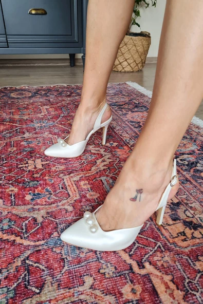 015 3 TOP Topukla Kadın İncili Kadeh Topuk Abiye Gelin Ayakkabısı - Resim 2