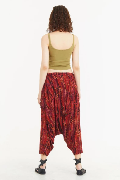 Kırçiçeği Desenli Bağcıklı Kapri Şalvar Pantolon - 5