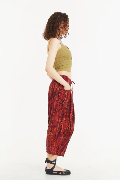 Kırçiçeği Desenli Bağcıklı Kapri Şalvar Pantolon - 4