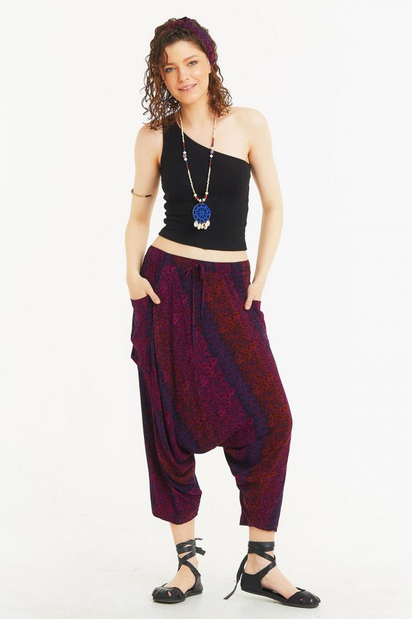 Kırçiçeği Desenli Bağcıklı Kapri Şalvar Pantolon - 2