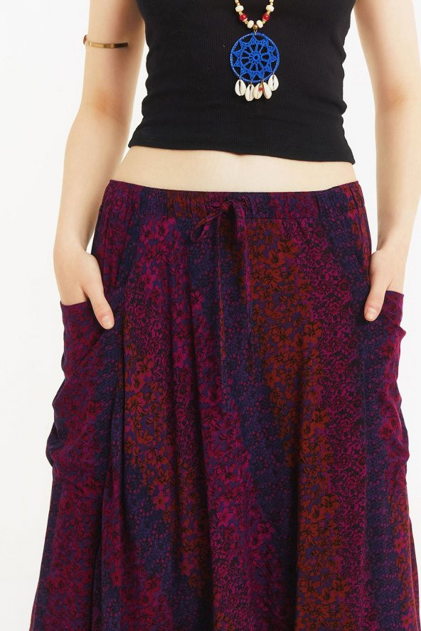 Kırçiçeği Desenli Bağcıklı Kapri Şalvar Pantolon - 3