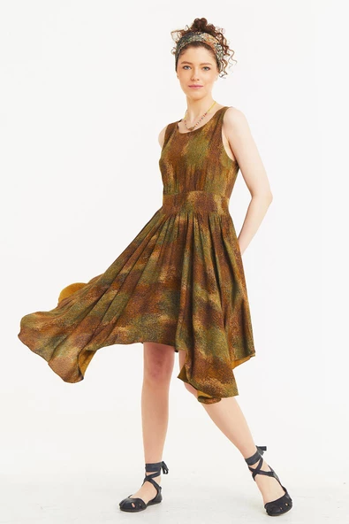 Bohem Tarz Kayık Yaka Asimetrik Elbise - 2