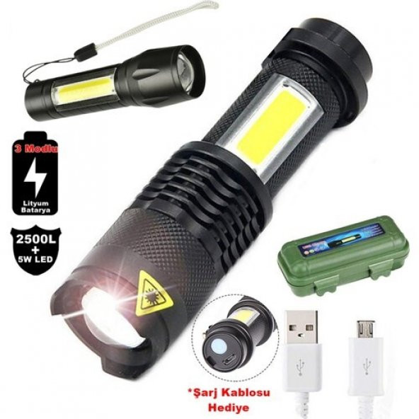 Su Geçirmez Şarjlı El Feneri 2500 Lumens + 5W COB LED USB Lion Şarjlı Ultra Güçlü Q5 XPE (3791)