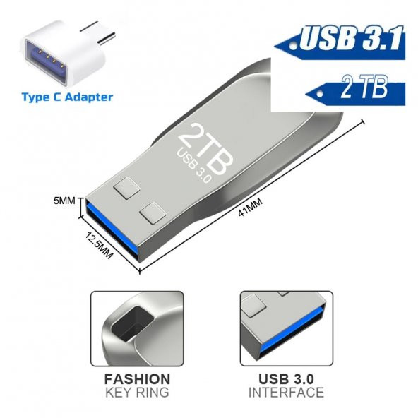 USB 2 TB METAL FLASH BELLEK GRİ + TYPE-C ÇEVİRİCİ - 1