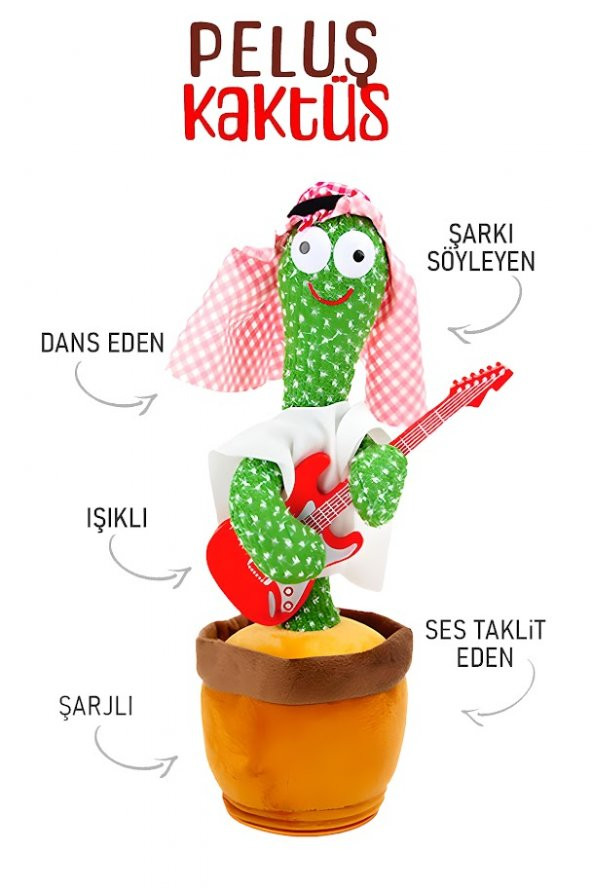 Konuşan Dans Eden Türkçe Şarkılı Işıklı Taklitçi Saksı Kaktüs Peluş Oyuncak Kutulu