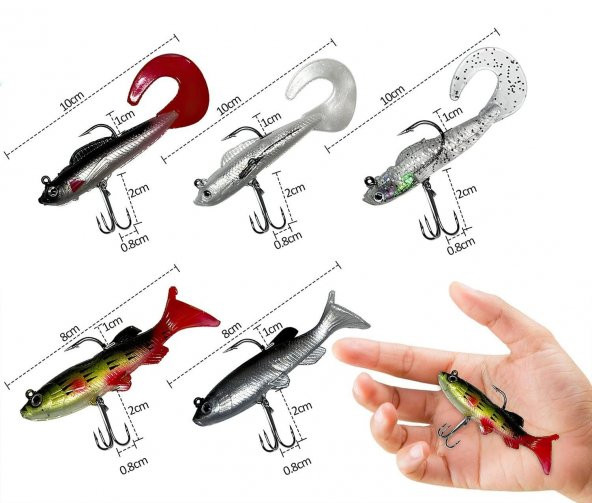Valkyrie 5 Adet Yumuşak Silikon Sırtlı Çift İğneli Sahte Olta Yem Seti Wobbler T-tail Tatlı ve Tuzlu Su Uyumlu - 3