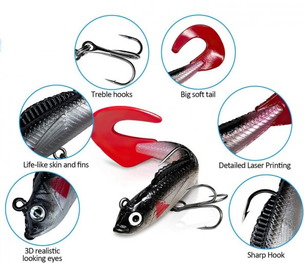 Valkyrie 5 Adet Yumuşak Silikon Sırtlı Çift İğneli Sahte Olta Yem Seti Wobbler T-tail Tatlı ve Tuzlu Su Uyumlu - 6