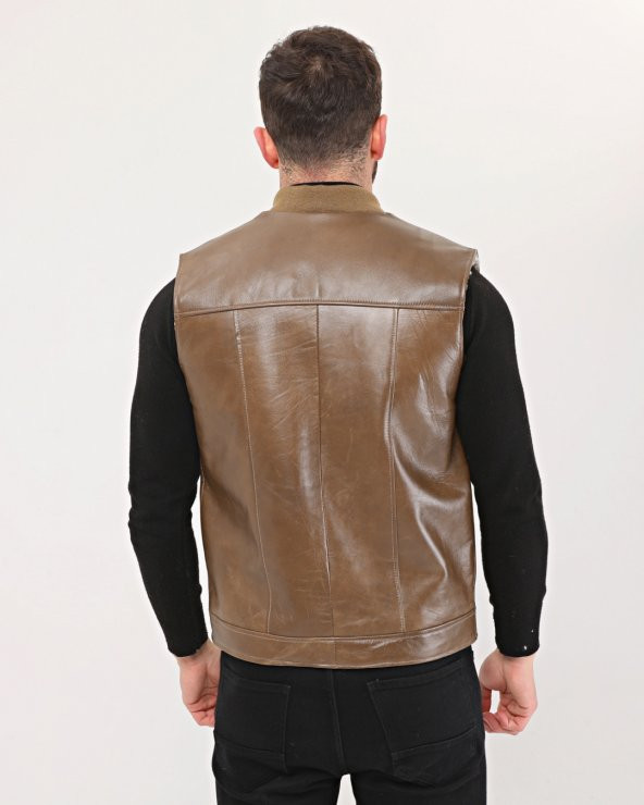 HAKİKİ DERİ BİSİKLET YAKA İÇİ KÜRKLÜ YELEK KAHVE RENK - 3