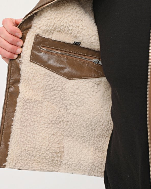 HAKİKİ DERİ BİSİKLET YAKA İÇİ KÜRKLÜ YELEK KAHVE RENK - 5