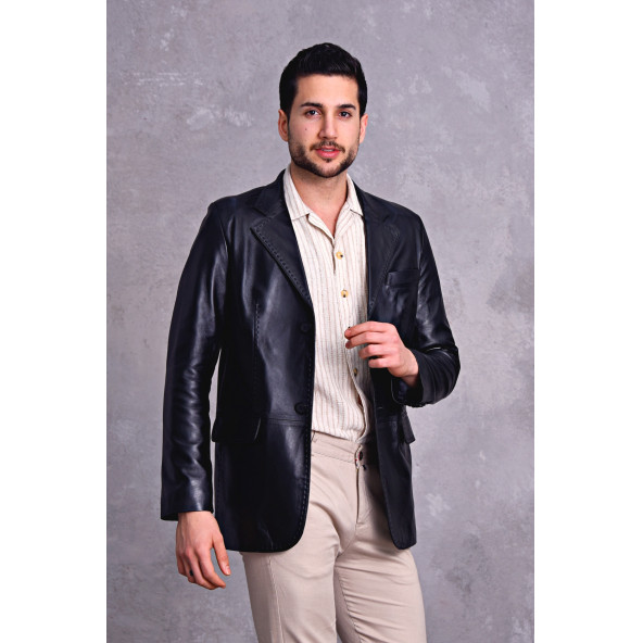 Hakiki deri blazer klasik ceket punto dikişli - 2