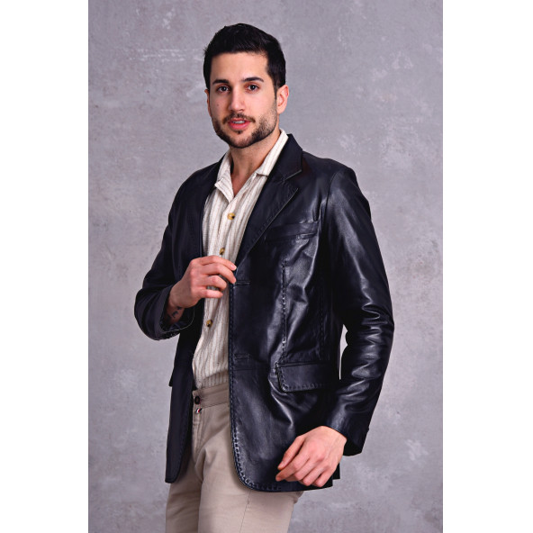 Hakiki deri blazer klasik ceket punto dikişli - 3