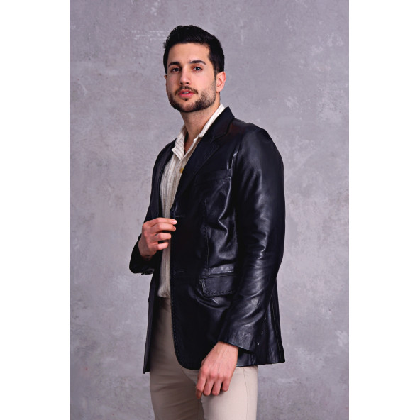 Hakiki deri blazer klasik ceket punto dikişli - 4