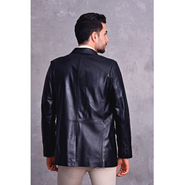 Hakiki deri blazer klasik ceket punto dikişli - 5