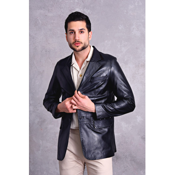 Hakiki deri blazer klasik ceket punto dikişli - 6
