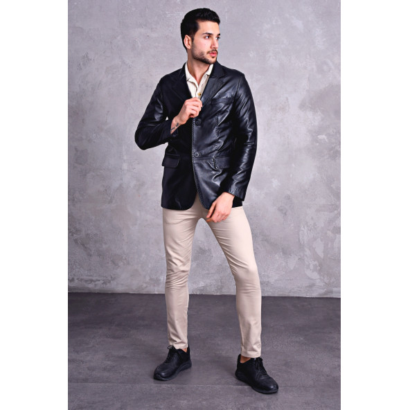 Hakiki deri blazer klasik ceket punto dikişli - 8