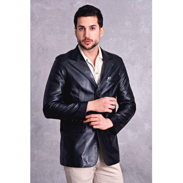 Hakiki deri blazer klasik ceket punto dikişli - 9