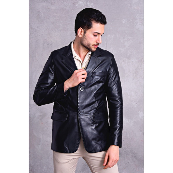 Hakiki deri blazer klasik ceket punto dikişli - 10