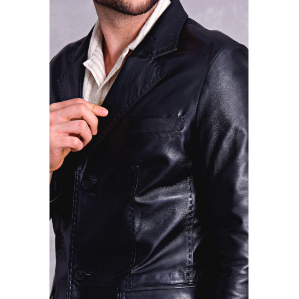 Hakiki deri blazer klasik ceket punto dikişli - 11