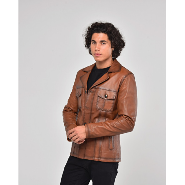 HAKİKİ DERİ CEKET KARARTMALI TABA RENK - 5