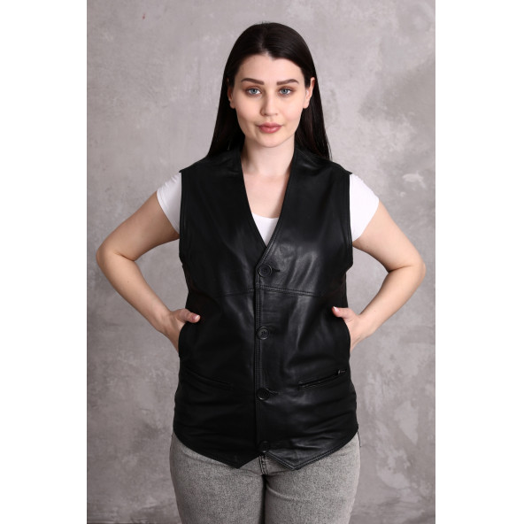 Hakiki deri bayan yelek yandan cepli - 2