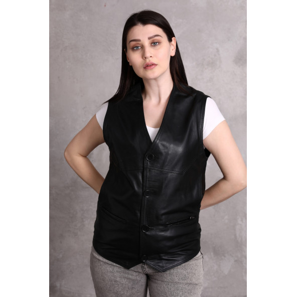 Hakiki deri bayan yelek yandan cepli - 5