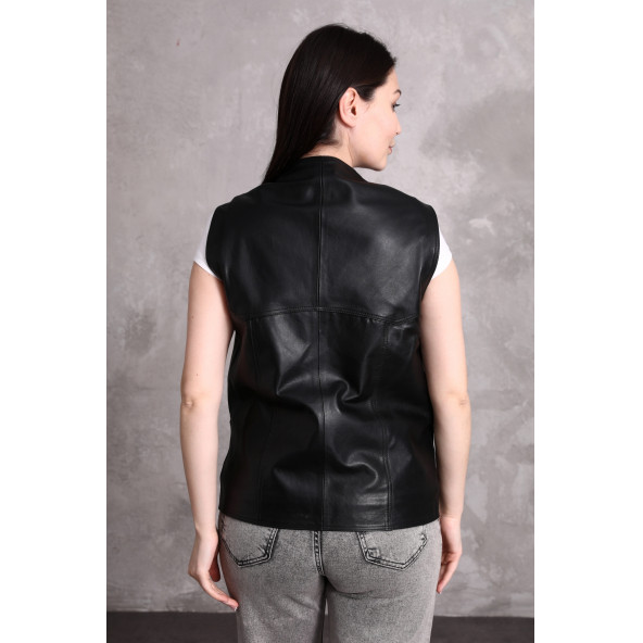 Hakiki deri bayan yelek yandan cepli - 6