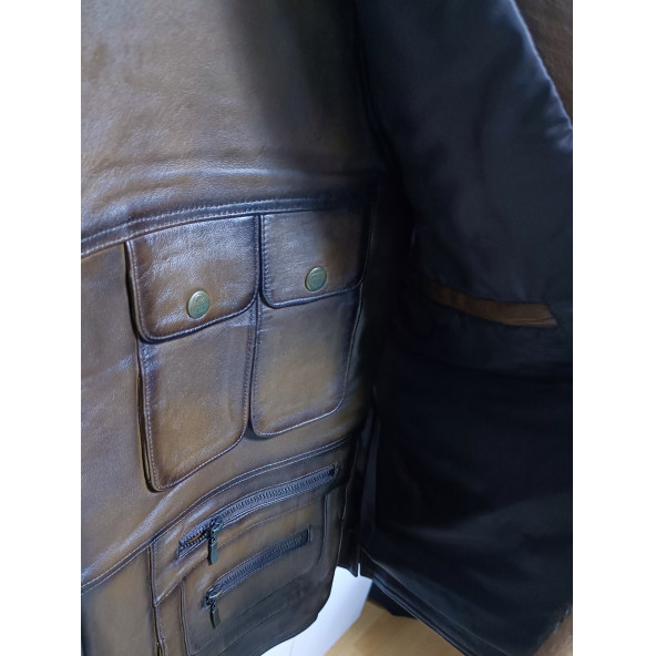 HAKİKİ DERİ AVCI YELEĞİ KARARTMALI KAHVE - 2