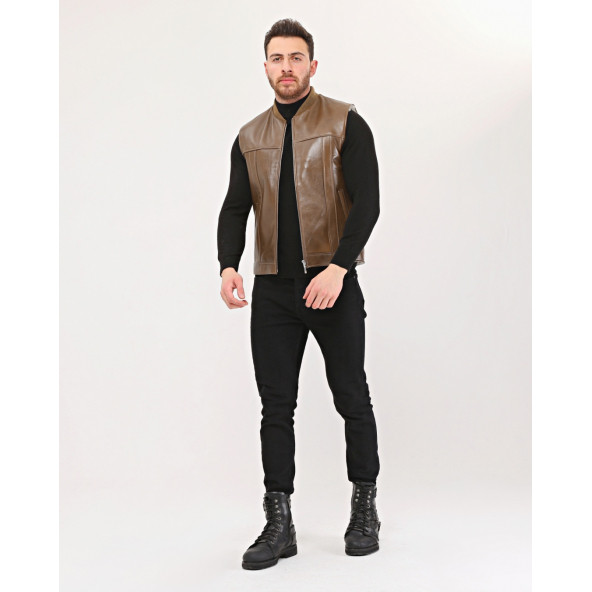 HAKİKİ DERİ BİSİKLET YAKA İÇİ KÜRKLÜ YELEK KAHVE RENK - 2