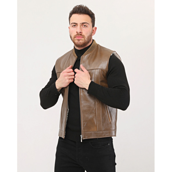 HAKİKİ DERİ BİSİKLET YAKA İÇİ KÜRKLÜ YELEK KAHVE RENK - 4