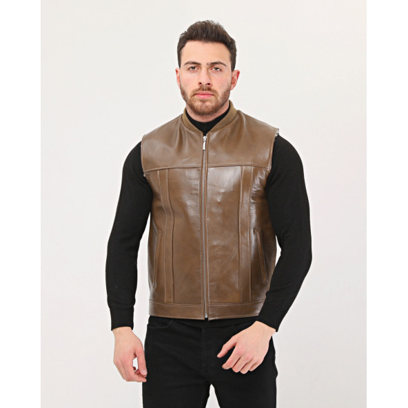 HAKİKİ DERİ BİSİKLET YAKA İÇİ KÜRKLÜ YELEK KAHVE RENK - 6