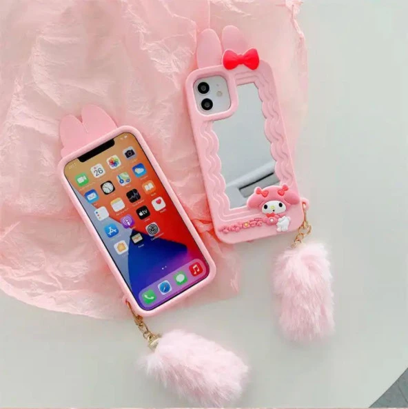 Iphone 14 Pro Max Uyumlu Aynalı Sevimli Ponponlu Pembe Tavşan Kılıf - 2