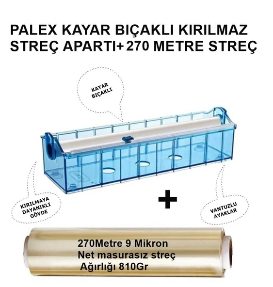 Streç Film 30cmX270mt+Palex Streç Aparatı Kırılmaz Vantuzlu Kayar Bıçaklı - 2