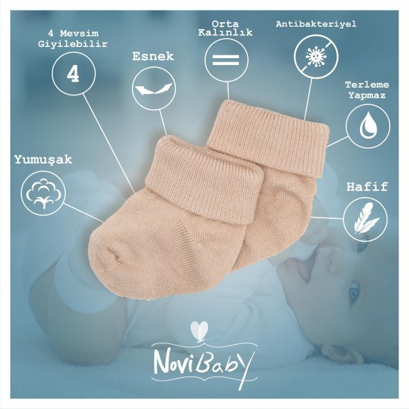 Novibaby 2li Bambu Bebek Çorap I Beige I 0-6 ay I Bej Yenidoğan Bebek Çorabı - 3