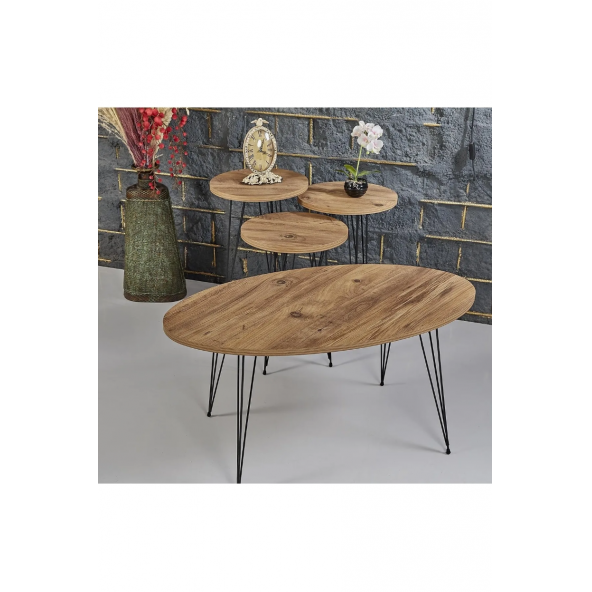 3'lü Yuvarlak Zigon + Oval Orta Sehpa Takımı Antik Çam Desenli - DF41D02