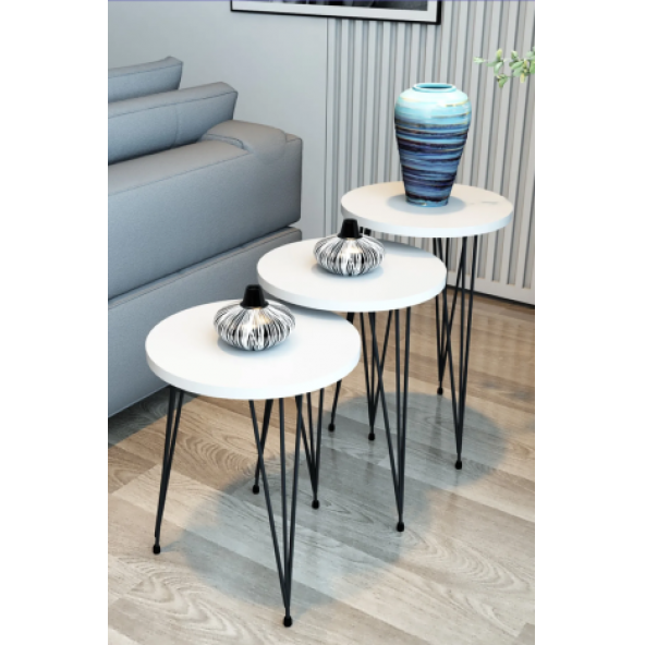 3'lü Zigon Sehpa Beyaz Renkli Yuvarlak Model Zigon Sehpa Metal Ayak - DF11Y01
