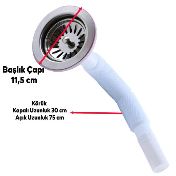 Lüks Çöpmak Körüklü Evye Lavabo Sifonu Gider Borusu Akordiyon Plastik Geniş Kafa Paslanmaz 30 -75 cm - 3