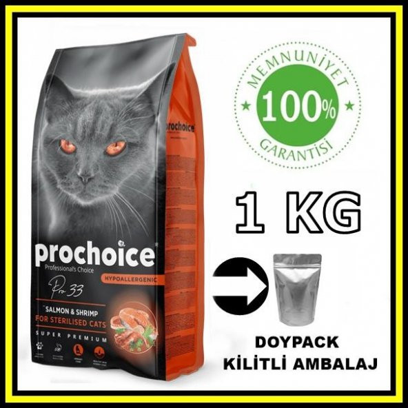 Pro choice Pro33 sterilised somonlu karidesli kısır kedi 1 kg açık mama