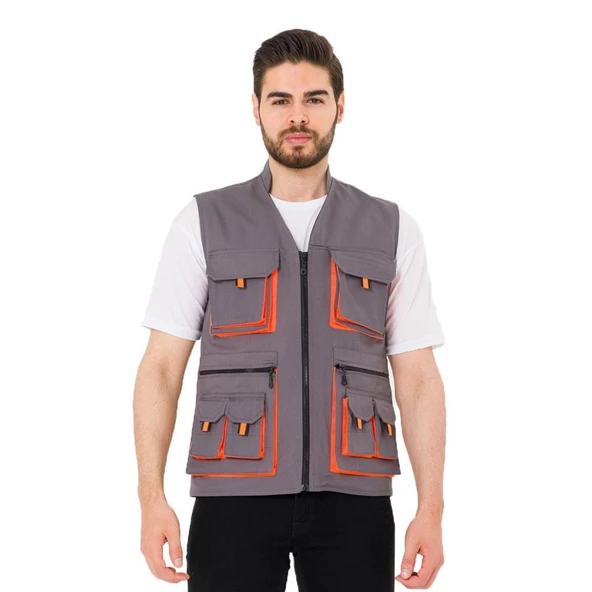 Şensel, Reflektörlü Çok Cepli Yelek, Gri-Turuncu -118E1332- - 2