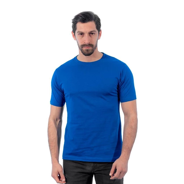 Sıfır Yaka Tişört, Saks Mavi -112E741- Bisiklet Yaka Tshirt