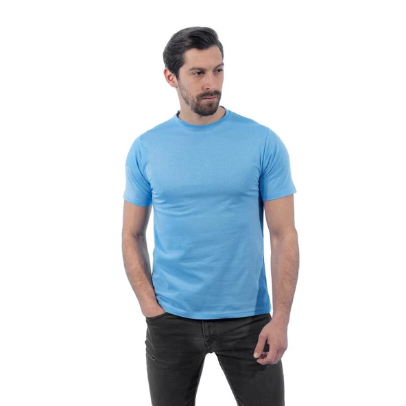 Sıfır Yaka Tişört, Açık Mavi -112E940- Bisiklet Yaka Tshirt