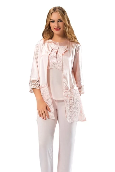 Sistina Bayan Pudra Penye Dantelli Sabahlık Pijama Takımı 1417