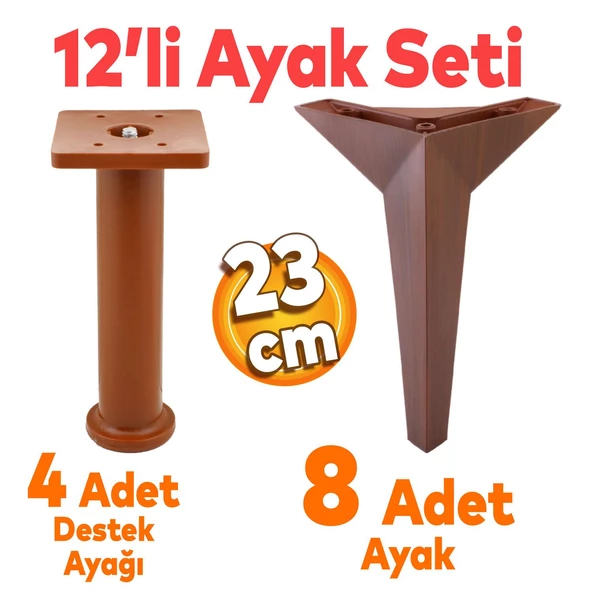 Kale Mobilya Ayağı 12'li Set Tv Ünitesi Konsol Koltuk Kanepe Destek 23 Cm Kahverengi Ayakları