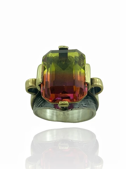 El Üretim Doğal Turmalin Taşlı Otantik 925 Ayar Gümüş Yüzük - Resim 3