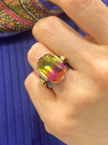 El Üretim Doğal Turmalin Taşlı Otantik 925 Ayar Gümüş Yüzük ürün görseli